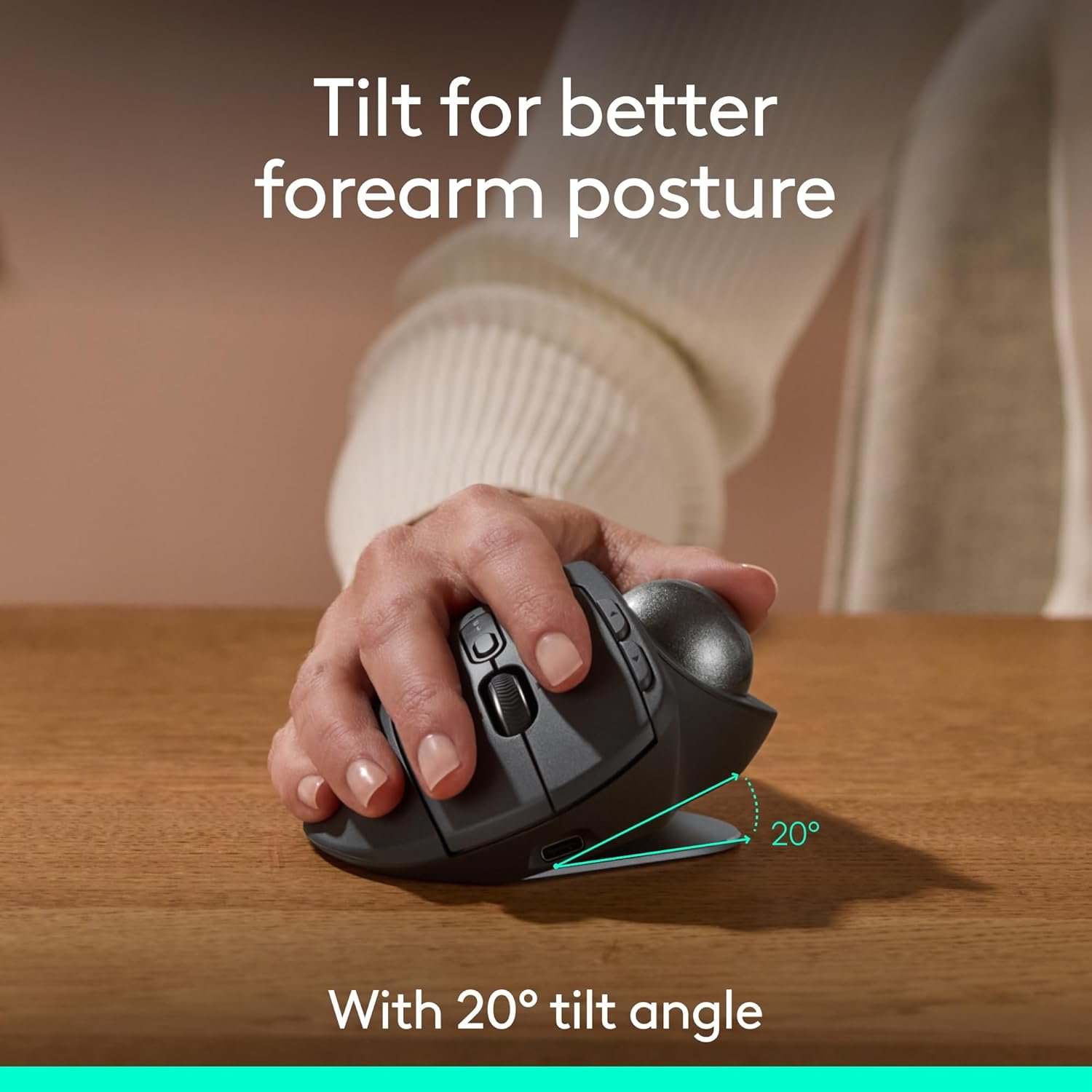 Logitech MX Ergo S Advanced Wireless Trackball Mouse, USB-C Rechargeable Wireless Ergonomic Mouse with Bluetooth and Encrypted Dongle, 6 Programmable Buttons, for PC/Mac - Graphite - Image 3