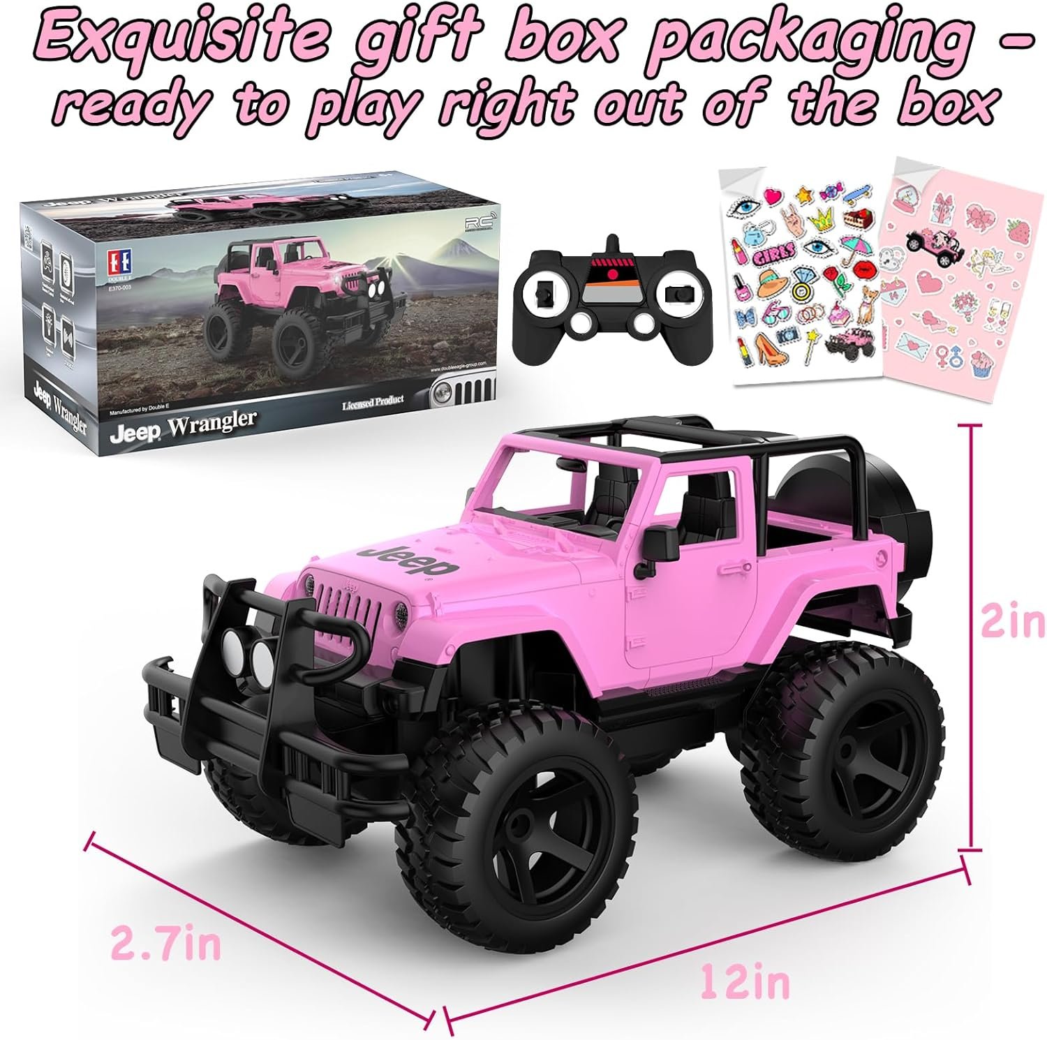 DOUBLE E Jeep Licensed 1:14 Scale Pink Remote Control Car for Girls with DIY Stickers, Open-top Design RC Jeep, 80 Min Play 2.4Ghz Off Road RC Trucks with LED Lights, Birthday/Xmas Gifts for Girls - Image 8