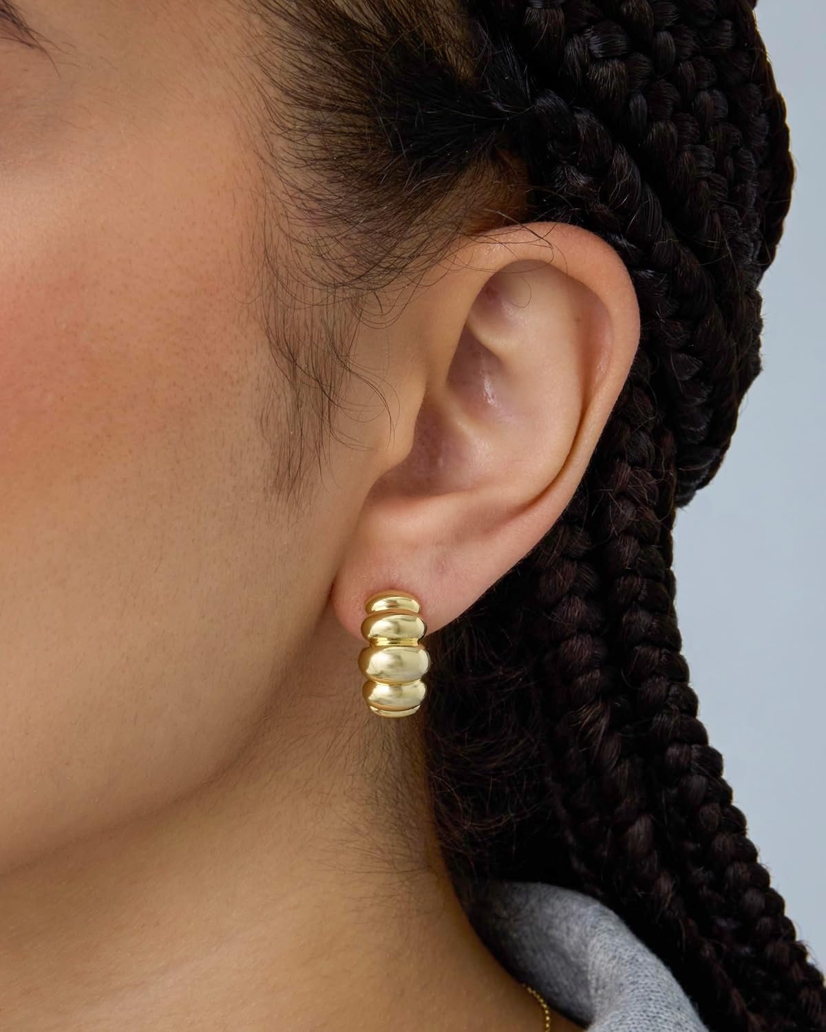 PAVOI 14K Gold Plated Ribbed Hoop Earrings for Women - Chunky Ridge Statement Earrings - Boho Puffy Croissant Huggie Hoops Trendy Gold Jewelry - Image 2