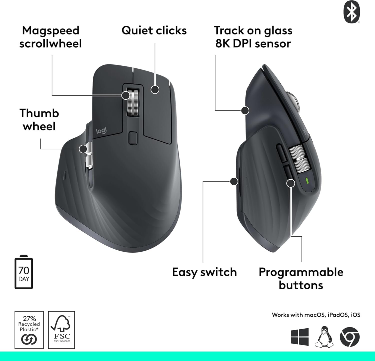 Logitech MX Master 3S Bluetooth Edition Wireless Mouse, No USB Receiver - Ultra-Fast Scrolling, Ergo, 8K DPI, Track on Glass, Quiet Clicks, Works with Apple Mac, Windows PC, Linux, Chrome - Graphite - Image 6