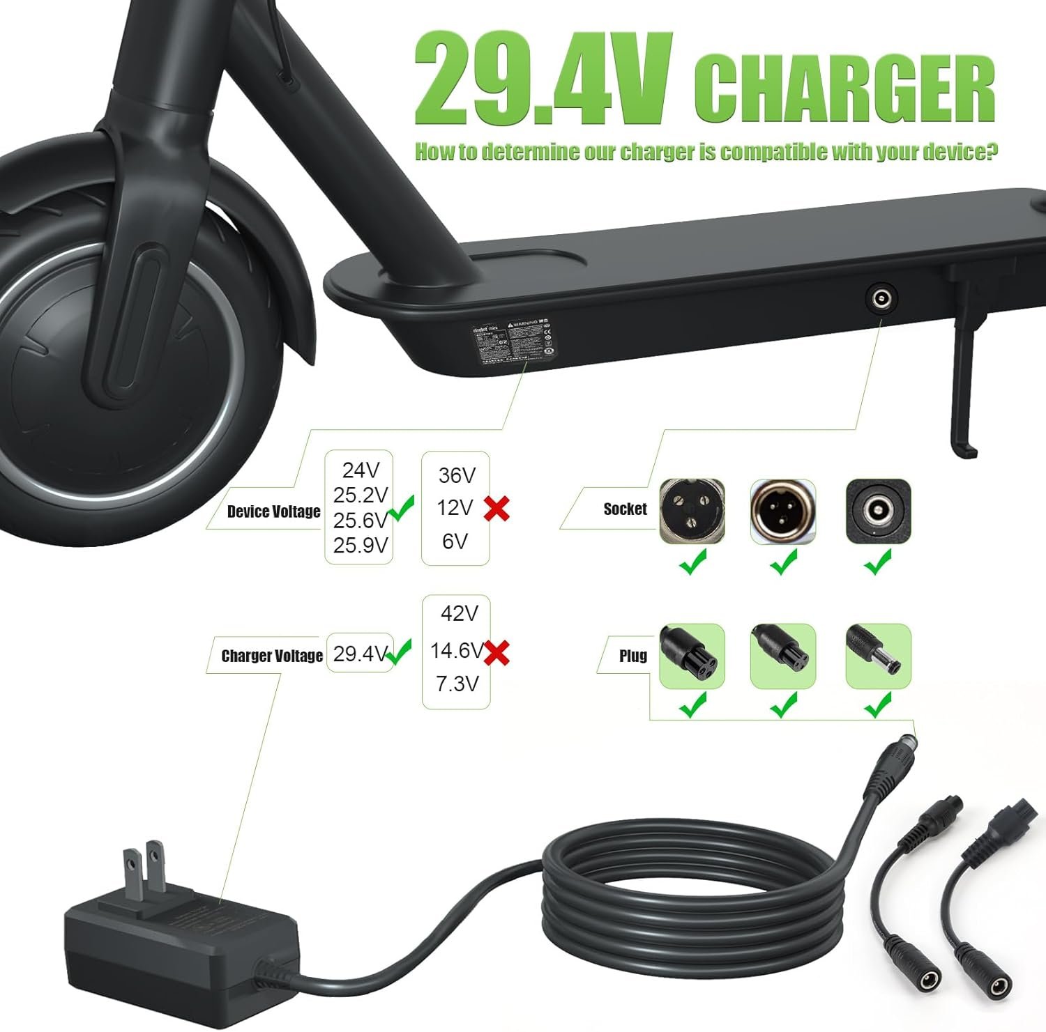 29.4V Compact Electric Scooter & Hoverboard Charger, UL Certified Safe, Powerful & Small, 3 Connectors for Razor GOTRAX Jetson Etc. Brand's E-Scooter, Hover Boards, Ebikes 25.2V/25.6V/25.9V Battery - Image 2