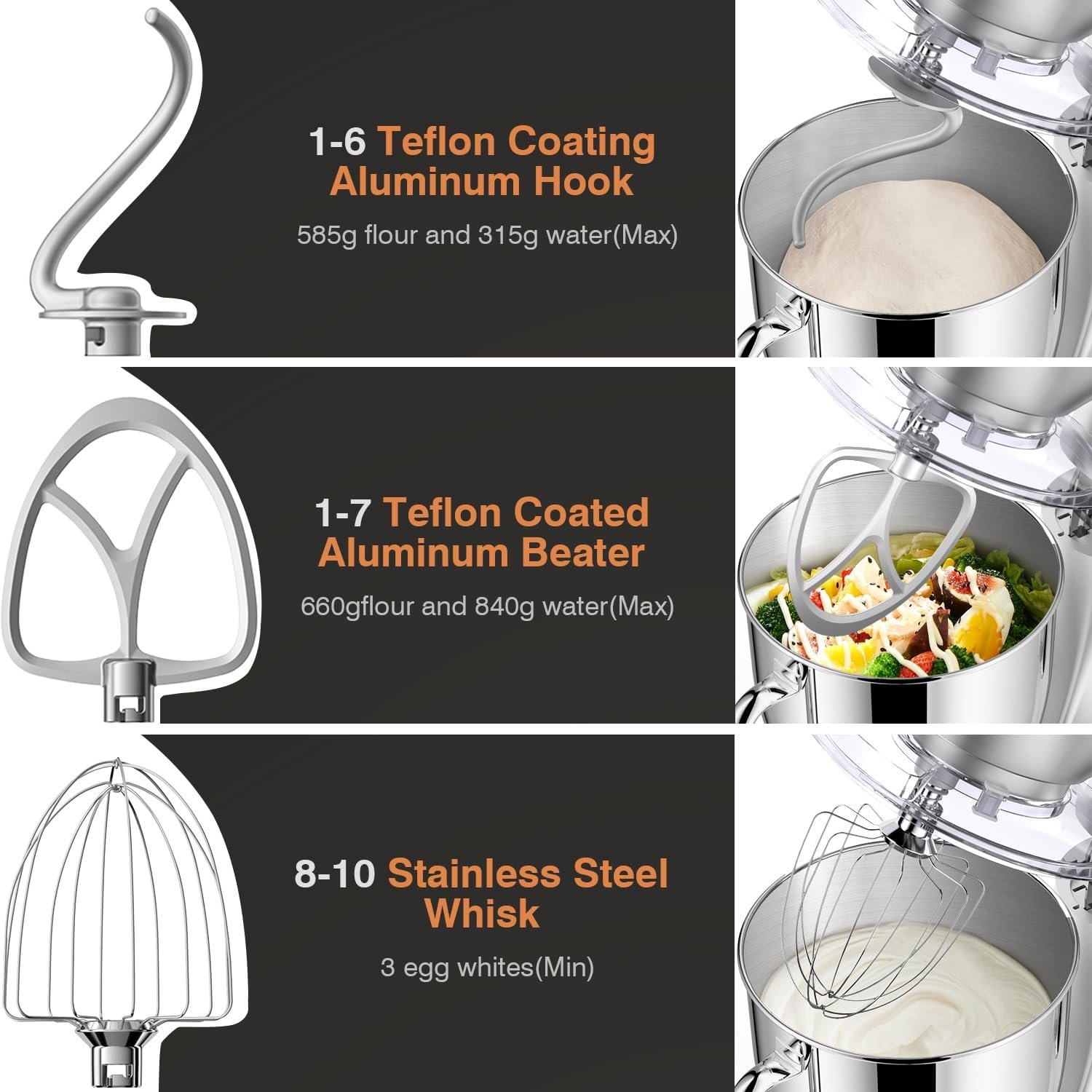 Mini Angel Stand Mixer,10-Speed 5QT Kitchen Electric Mixer,Tilt-Head Food Mixer with Dough Hook, Wire Whisk, Flat Beater, Stainless Steel Bowl (Silver) - Image 3