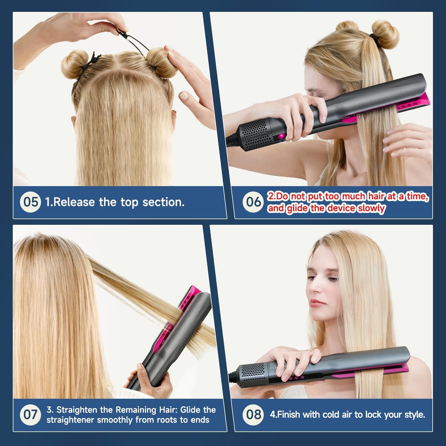 Hair Straightener – 2 in 1 Wet to Dry Air Straightener with High-Speed Ionic Airflow, Straightens Using air, No Heat Damage, Smart Temperature Control for Medium to Long Hair (35-75cm) (Gray) - Image 6