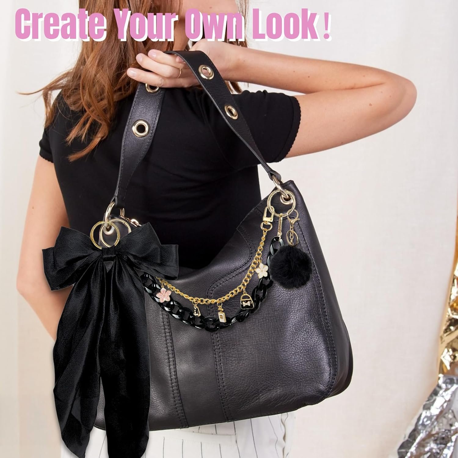 4PCS Tote Bag Decoration Kit Compatible with YETI Camino 20/35/50 Carryall, Compatible with Bogg Beach Tote Bags Accessories, Bow Fluffy Ball Gold Chain Charms Accessories for Girls Women (Black) - Image 3