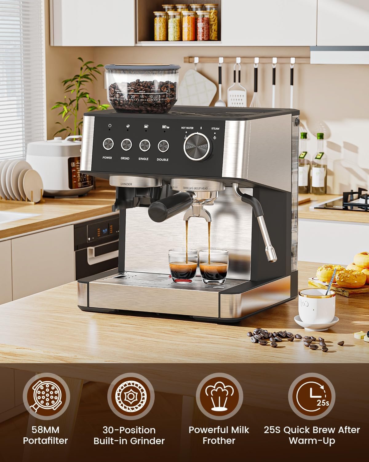 (2025 Upgrade)20 Bar Espresso Machine with Built-in Anti-Clog Coffee Grinder, Expresso Coffee Machines with Milk Steam Wand/Frother/Tamping Tools,Espresso Maker with Grinder for Lattes-Deep Black - Image 4