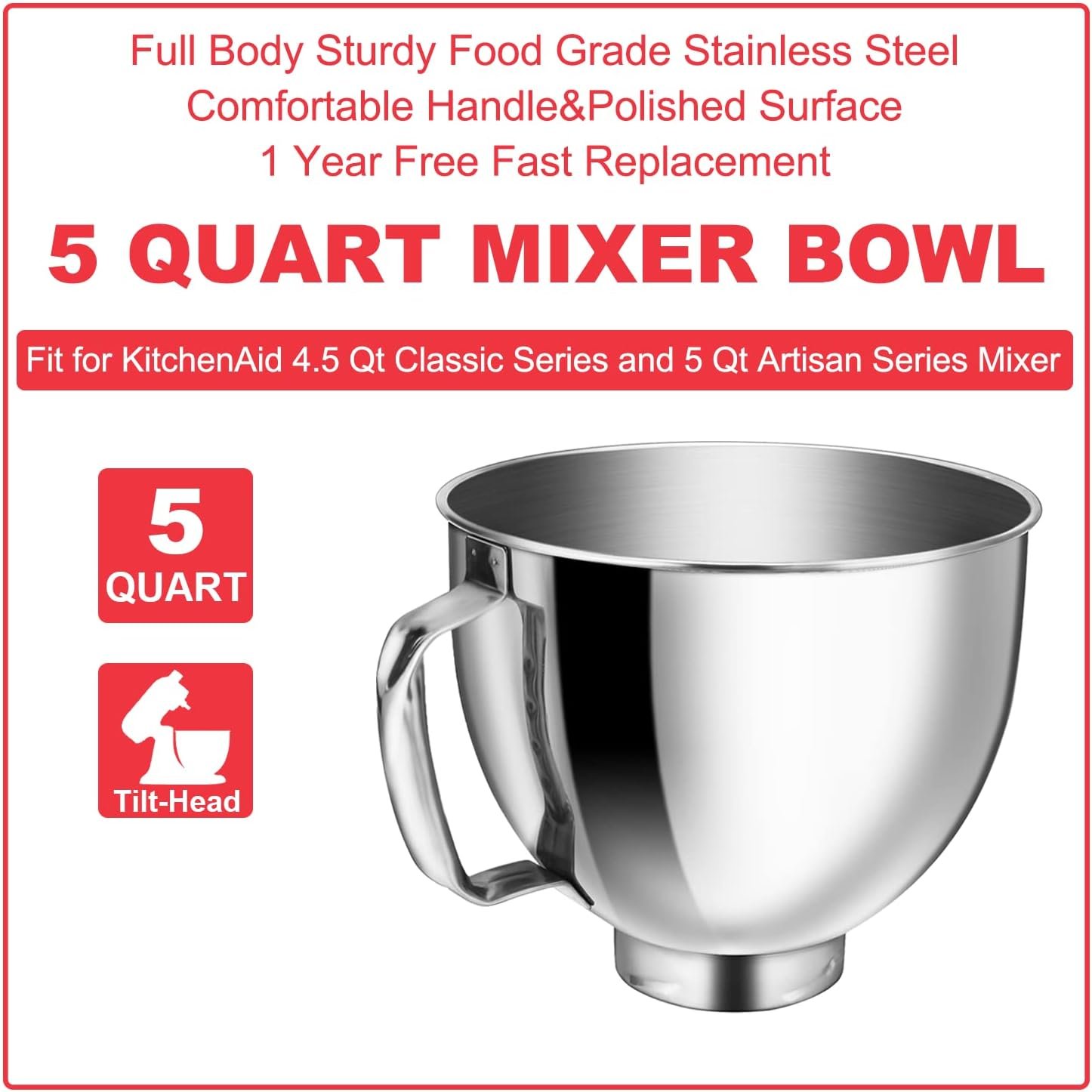 5 Qt 18/8 Stainless Steel Mixing Bowl for Kitchen Aid Tilt-Head Classic&Artisan Series Stand Mixer, Mixer Bowl Replacement Compatible with K45, KSM85, KSM90, KSM150, Dishwasher Safe, Ergonomics Handle - Image 2