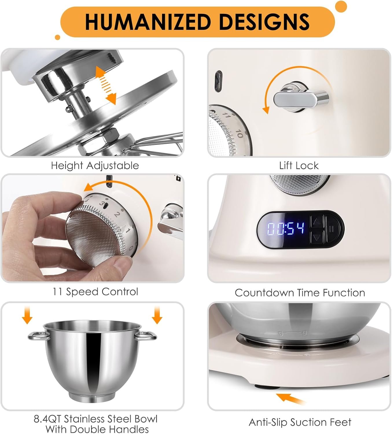 8.4QT Commercial Stand Mixer 800W with Aluminum Die Casting Meets the Standard of NSF/ANSI 8-2023, Mixers Kitchen Electric Stand Mixer with Stainless Steel 8L Bowl, Dough Hook, Whisk and Beater - Image 4