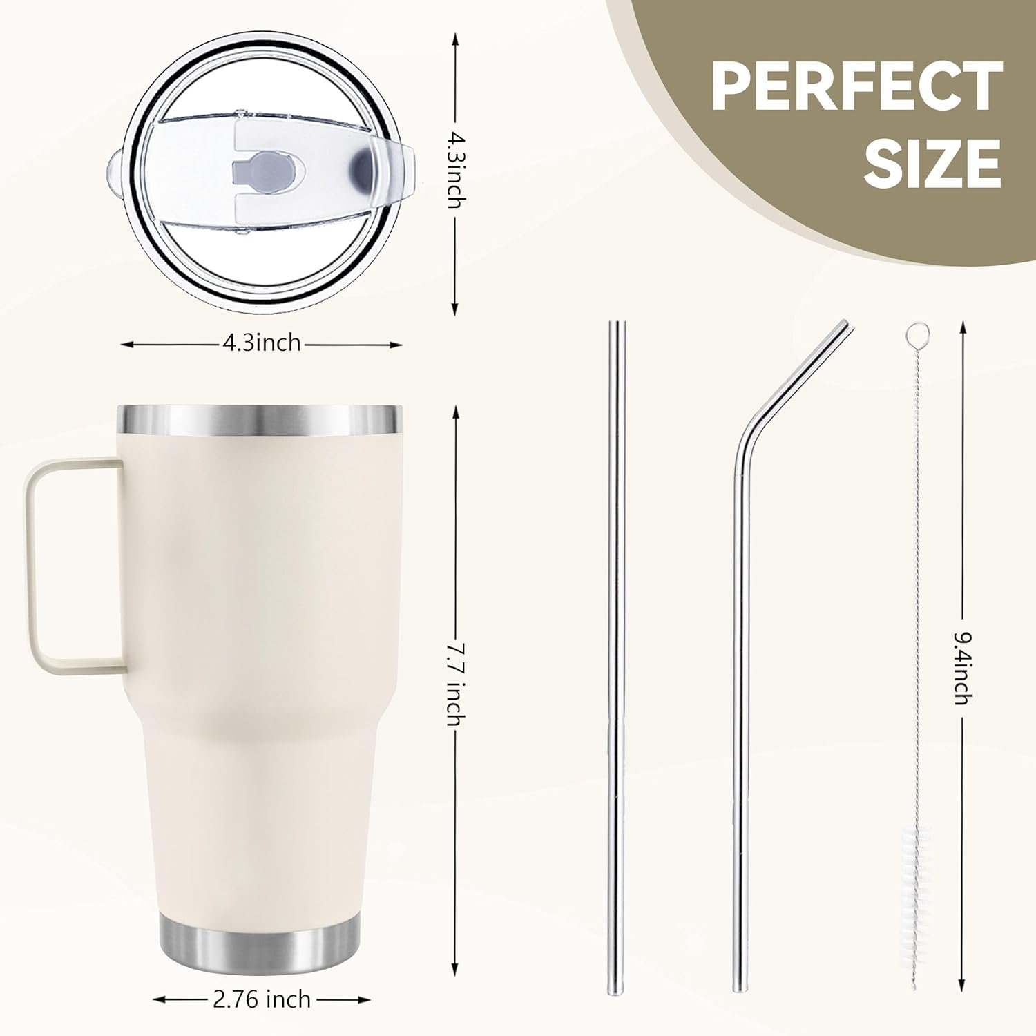 30 oz Tumbler With Handle, Double Wall Stainless Steel Vacuum Insulated Travel Mug with Splash-Proof Lid Metal Straw and Brush (Cream) - Image 2
