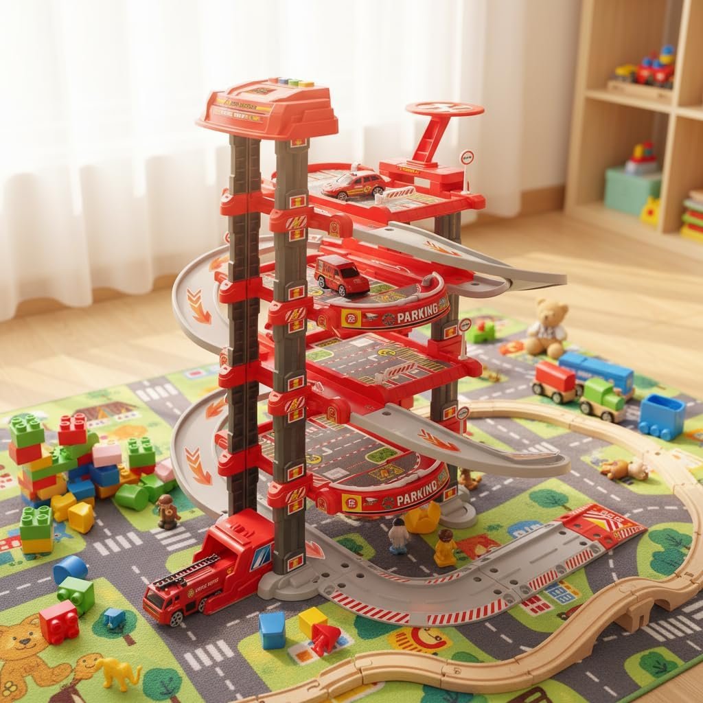 Ultimate Garage Track Set Compatible with Hot Wheels Cars with 2 Toy Cars and 1 Helicopter, with Multi-Level Side-by-Side Racetrack(Firefighting Main Track) - Image 6