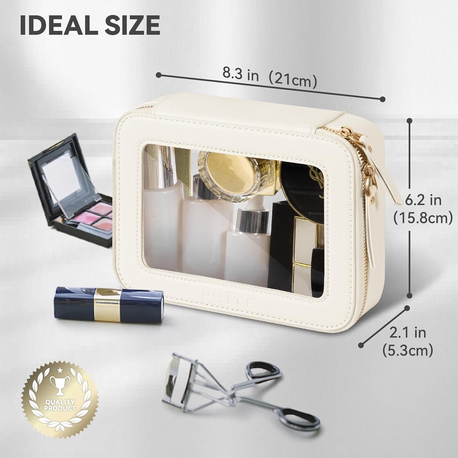 Prite Clear Makeup Bag Cosmetic Organizer Case Waterproof Travel Toiletry Bag Skincare Pouch with Golden Zipper(Beige) - Image 3