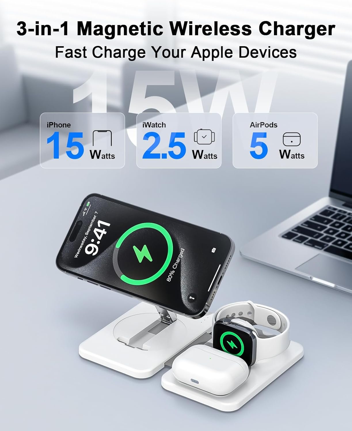3 in 1 Magnetic Wireless Charger for Apple Multiple Devices, Foldable Fast Charging Station - Magsafe Charger Stand, Travel Charger Pad for iPhone 17 16 15 14 13 12 Series/Apple Watch/AirPods Pro - Image 2