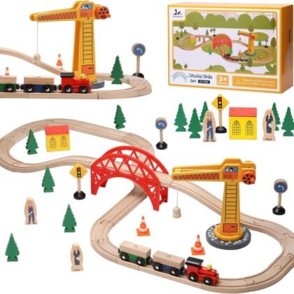 SainSmart Jr. Wooden Train Set for Toddler, 41pcs Wood Train Track w/Crane Fits Brio, Thomas, Melissa and Doug, Kids Wood Toy Train for Kids Ages 3+
