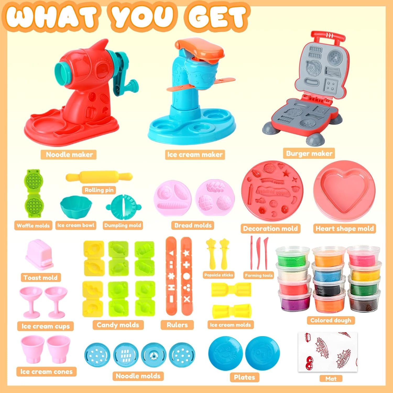 3 in 1 Color Dough Kitchen Creations Set, Ice Cream Spaghetti Burger Maker Machine, Art Crafts Food Modeling Toys, Accessories Tools Kit for Boys Girls Kids Toddlers Ages 3+ (12 Colors Dough) - Image 6