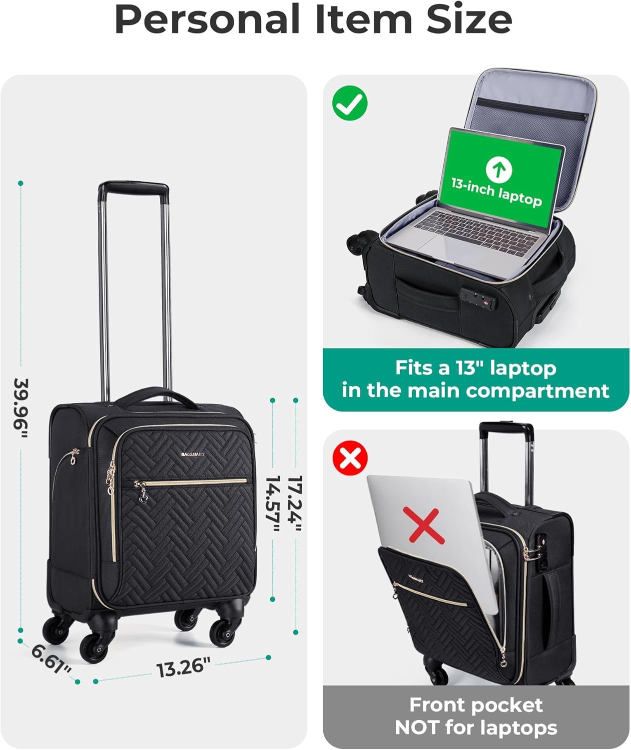 BAGSMART Underseat Carry On luggage Airline approved, 16-inch Softside Underseater Travel Suitcase with Spinner Wheels Lightweight Overnight Bag Small Rolling Carry-on for Women Men Weekender,Black - Image 4