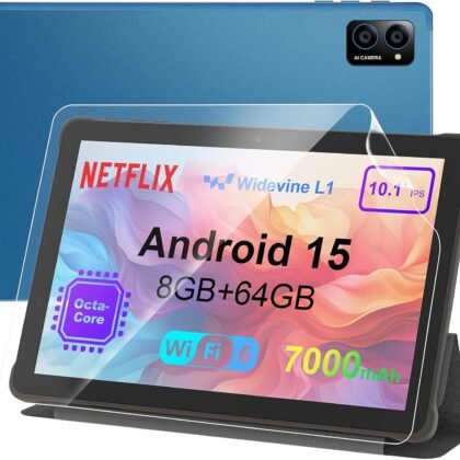 10 inch Android Tablet: Octa-Core, 7000mAh, with Stand Case, IPS HD Display, Wi-Fi 6, OTG, Metal Body – Fast & Portable Tablet for Work & Entertainment, 2-Year Protection, 8GB RAM 64GB, Android 15