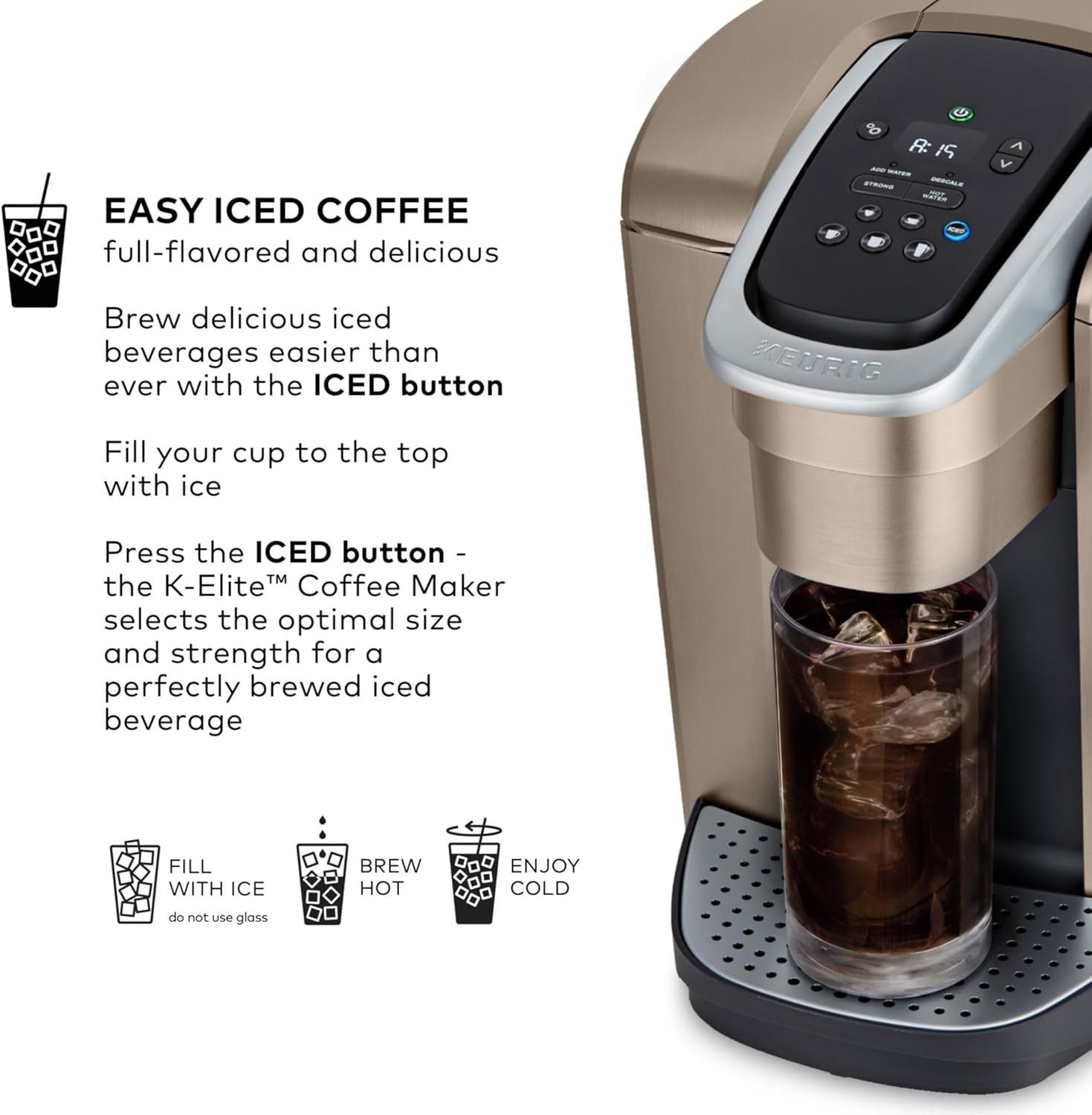Keurig K-Elite Single Serve K-Cup Pod Coffee Maker, with Strength and Temperature Control, Iced Coffee Capability, 8 to 12oz Brew Size, Programmable, Brushed Gold - Image 3