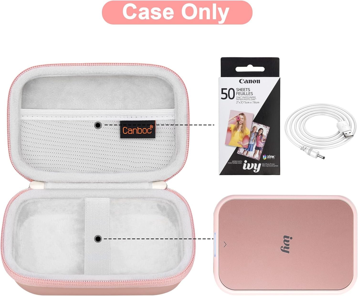 Canboc Hard Case for Canon Ivy 2/Canon Ivy/Canon Ivy CLIQ+2 CLIQ 2 CLIQ+ Mini Photo Printer Mobile Wireless Bluetooth Instant Camera Printer, Mesh Bag fit Photo Paper and Cable, Rose Gold - Image 3