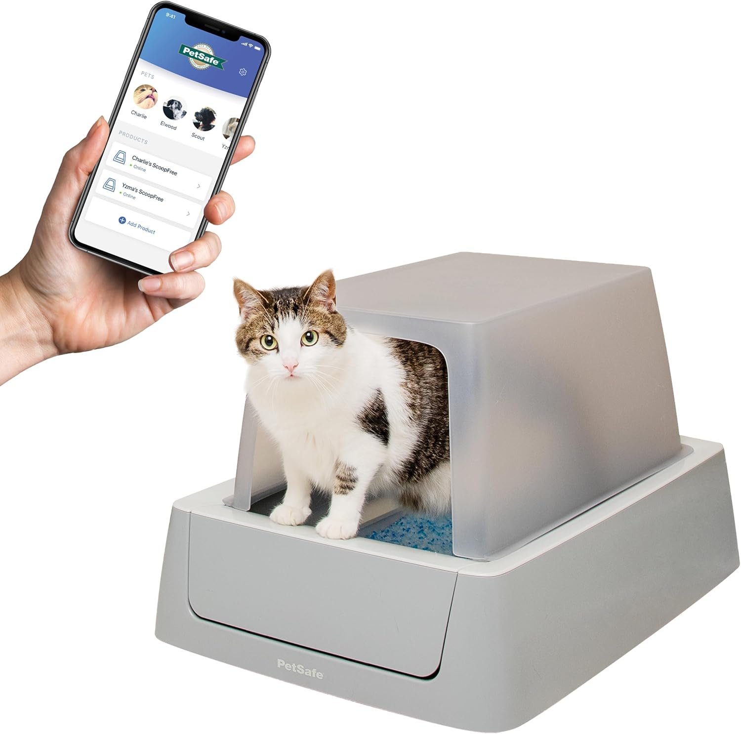 PetSafe ScoopFree Crystal Smart Self-Cleaning Automatic Litter Box - Uncovered Motion-Sensing Cat Box with Integrated Health Counter & App - Includes 1 Disposable Crystal Litter Tray