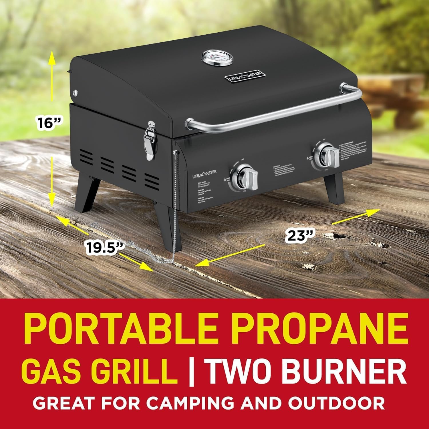 Black Portable Gas Grill, Dual 10,000 BTU Burners, 275 Sq.In Cooking Space, Push-to-Start Ignition, Wind-Proof Lid with Built-in Thermometer, Perfect for Camping Tailgates & Backyard BBQ Cookouts - Image 2