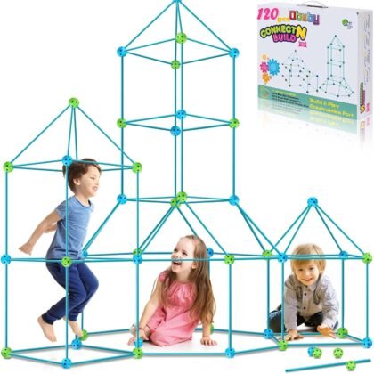 Kids Fort Building Kit 120 Pieces Construction STEM Toys for 5 6 7 8 9 10 11 12 Years Old Boys and Girls Ultimate Forts Builder Gift Build DIY Educational Learning Toy for Indoor & Outdoor
