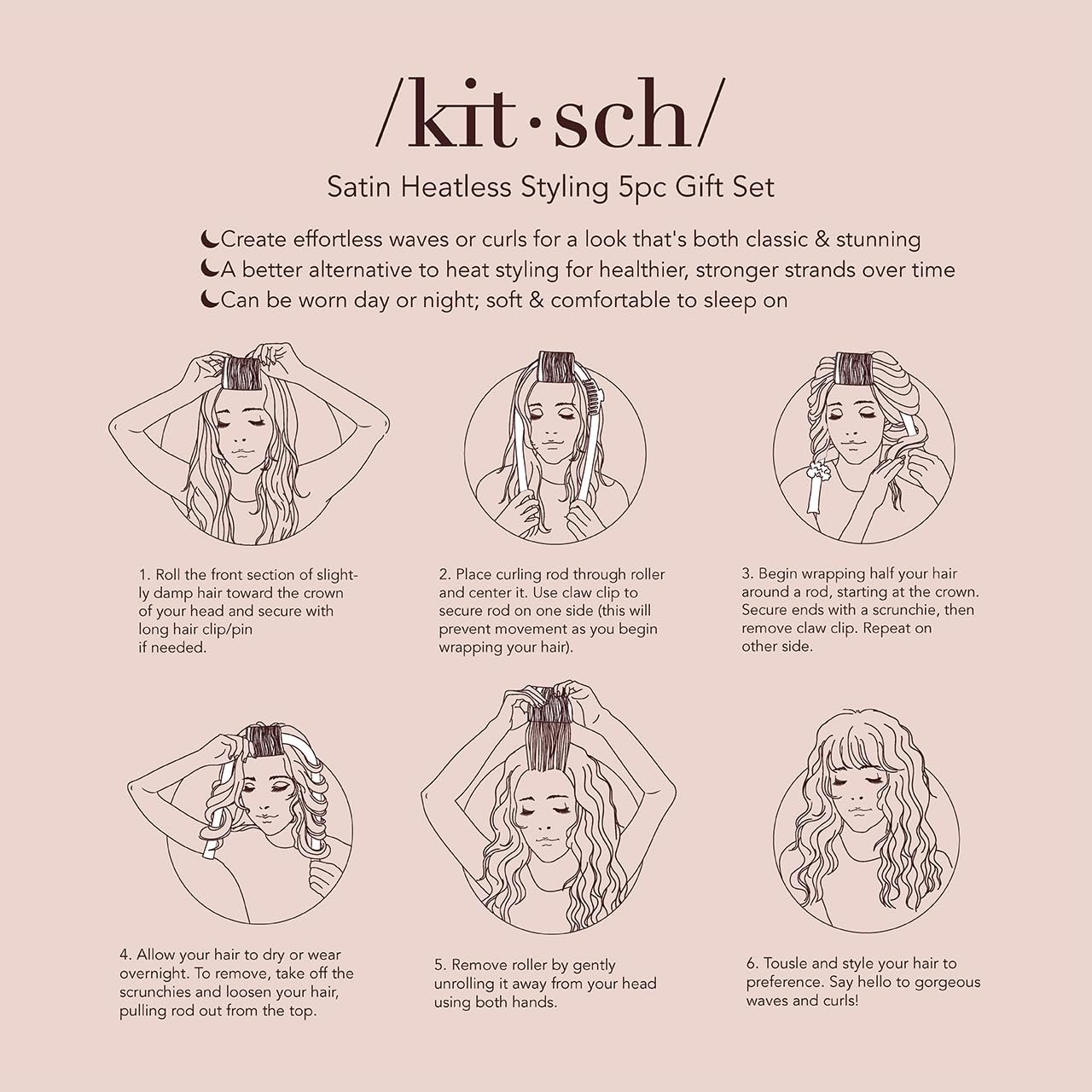 Kitsch Satin Heatless Hair Curler Styling 5pc Gift Set - Satin Heatless Hair Curler w/ 2 Scrunchies, Ceramic Thermal Roller & Claw Clip, Gifts for Women, Hair Roller Styling & Accessories- Champagne - Image 5