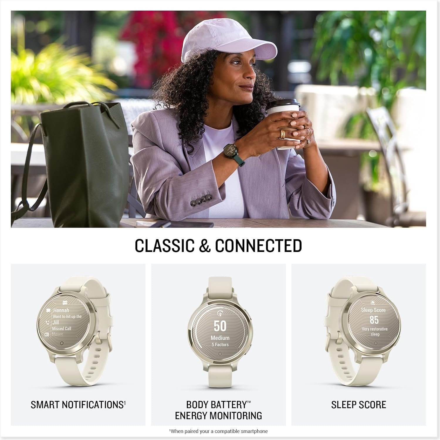 Garmin Lily® 2 Active, Small and Stylish Smartwatch, Built-in GPS, Hidden Display, Patterned Lens, Up to 9 Days Battery Life, Lunar Gold with Bone Silicone Band - Image 4
