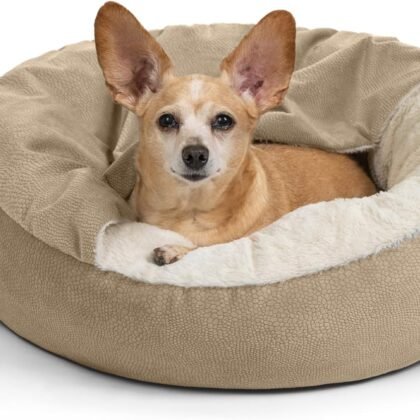 Best Friends by Sheri Cozy Cuddler Ilan Covered Cat and Dog Bed with Attached Blanket, Wheat, 24"x24"