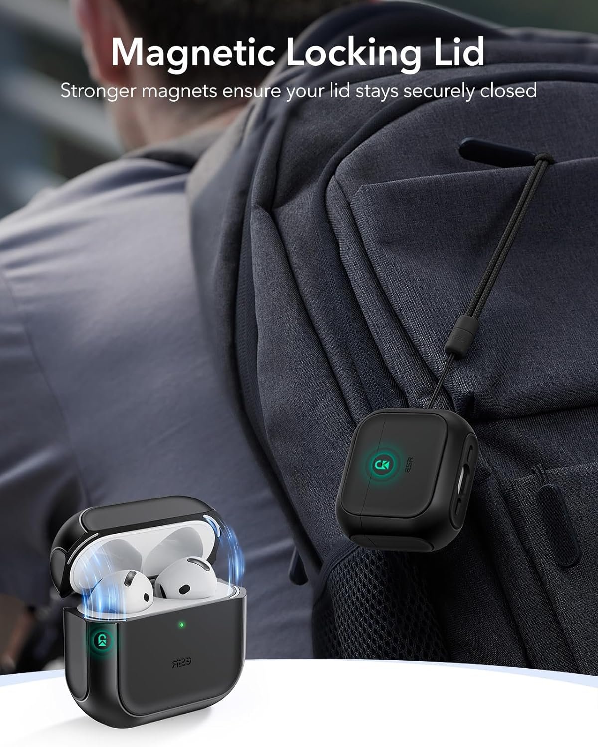 ESR for AirPods 4 Case, Compatible with AirPods 4th Generation Case (2024) (USB-C), Compatible with MagSafe, Drop Protection Cover with Lanyard, Magnetic Lid Lock, Orbit Hybrid Series, Black - Image 4
