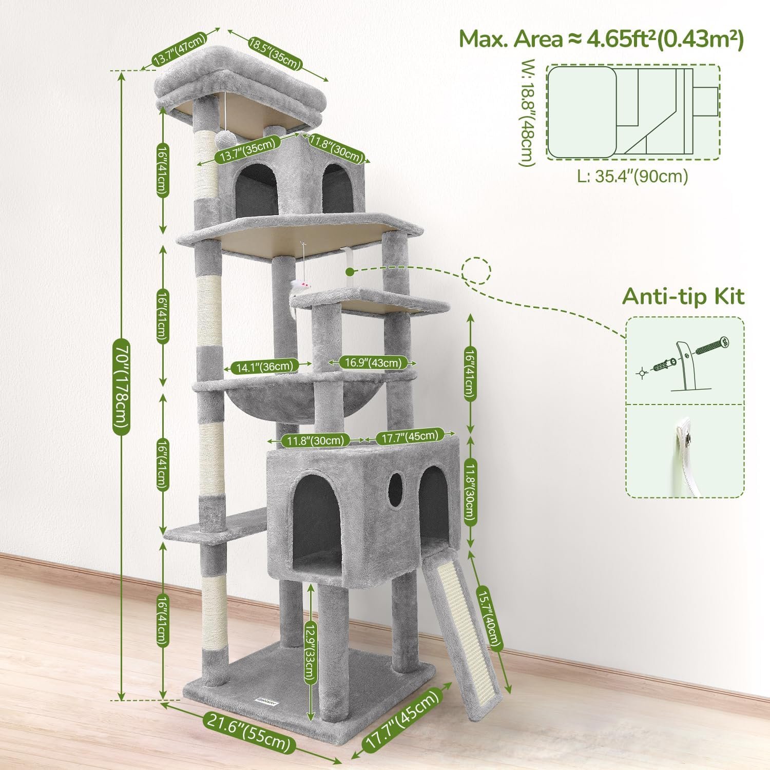 Globlazer Heavy Duty Cat Tree, 70 inch Sturdy Cat Tree for Indoor Cats Extra Large Cat Tower with Scratching Post, Hammock, Cat Condo for Adult Cats Kittens, F70 Pro, Light Grey - Image 6