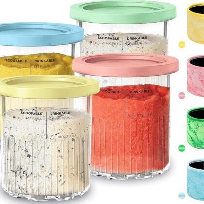 for Ninja Creami Deluxe 24OZ Pints and Lids 4 Pack with Neoprene Sleeve,Family Ice Cream Storage Containers for Ninja Creami Maker 11-in-1 NC501 NC500 Series (Dishwasher Safe Reusable Leak Proof)
