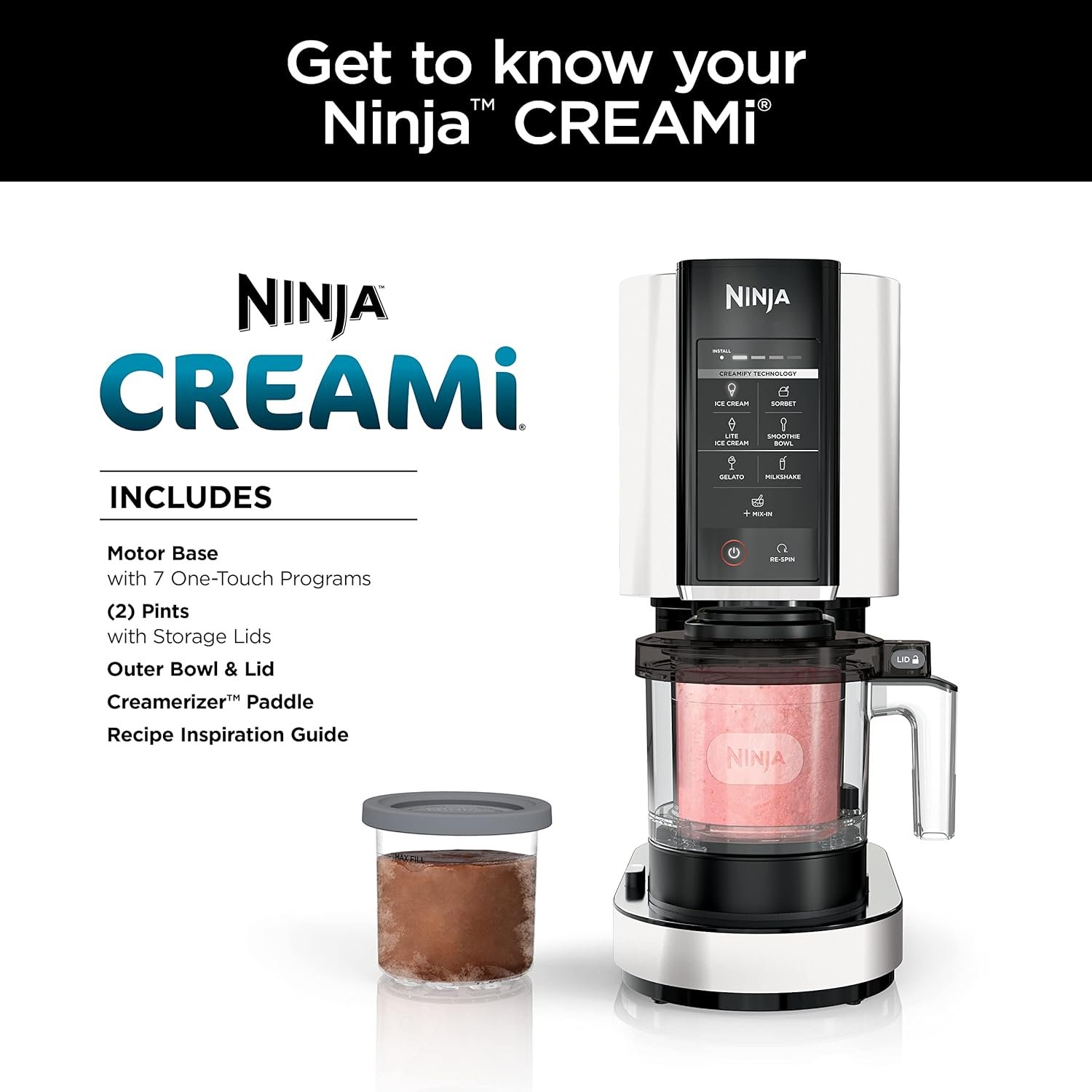 Ninja CREAMi Ice Cream Maker, 7 One-Touch Programs, with (2) Pint Containers & Lids, Compact Size, White (NC301WHBBB) - Image 2