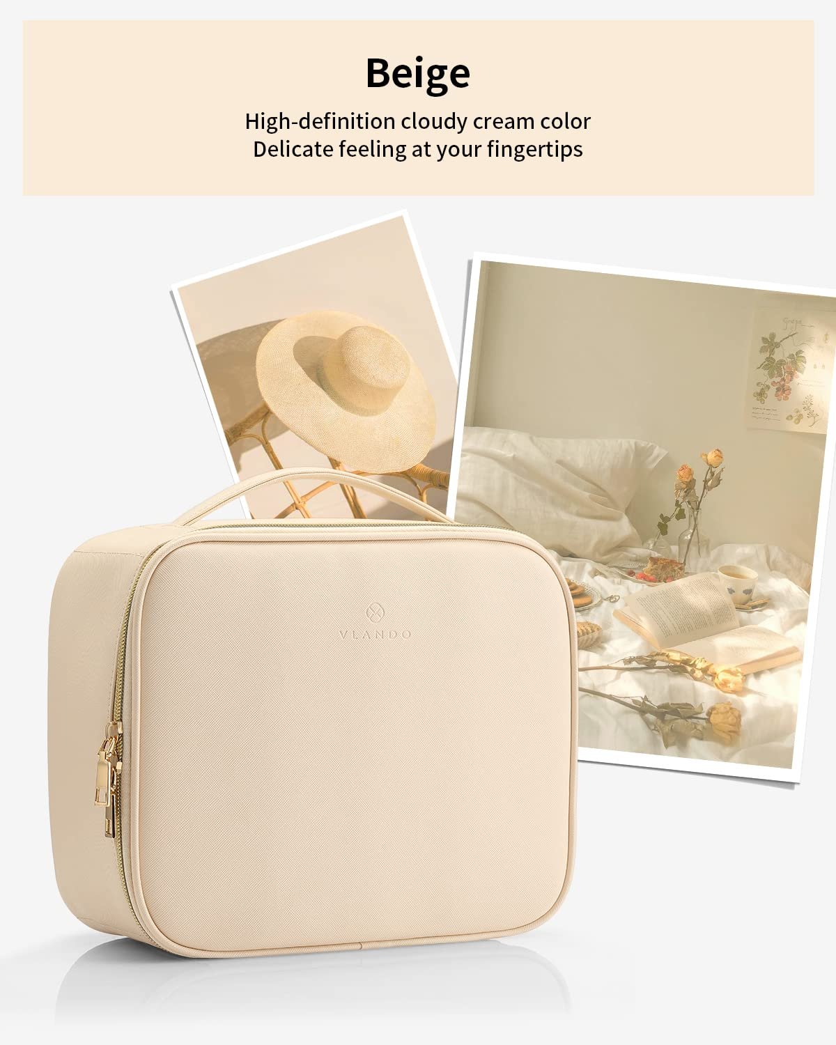 Vlando Travel Makeup Bag, Makeup Bag Organizer,Gift Ideas for Women Girls,Makeup Storgae Bag with Dividers and Handle,Gifts for Christmas,Birthday,Wedding Beige - Image 8