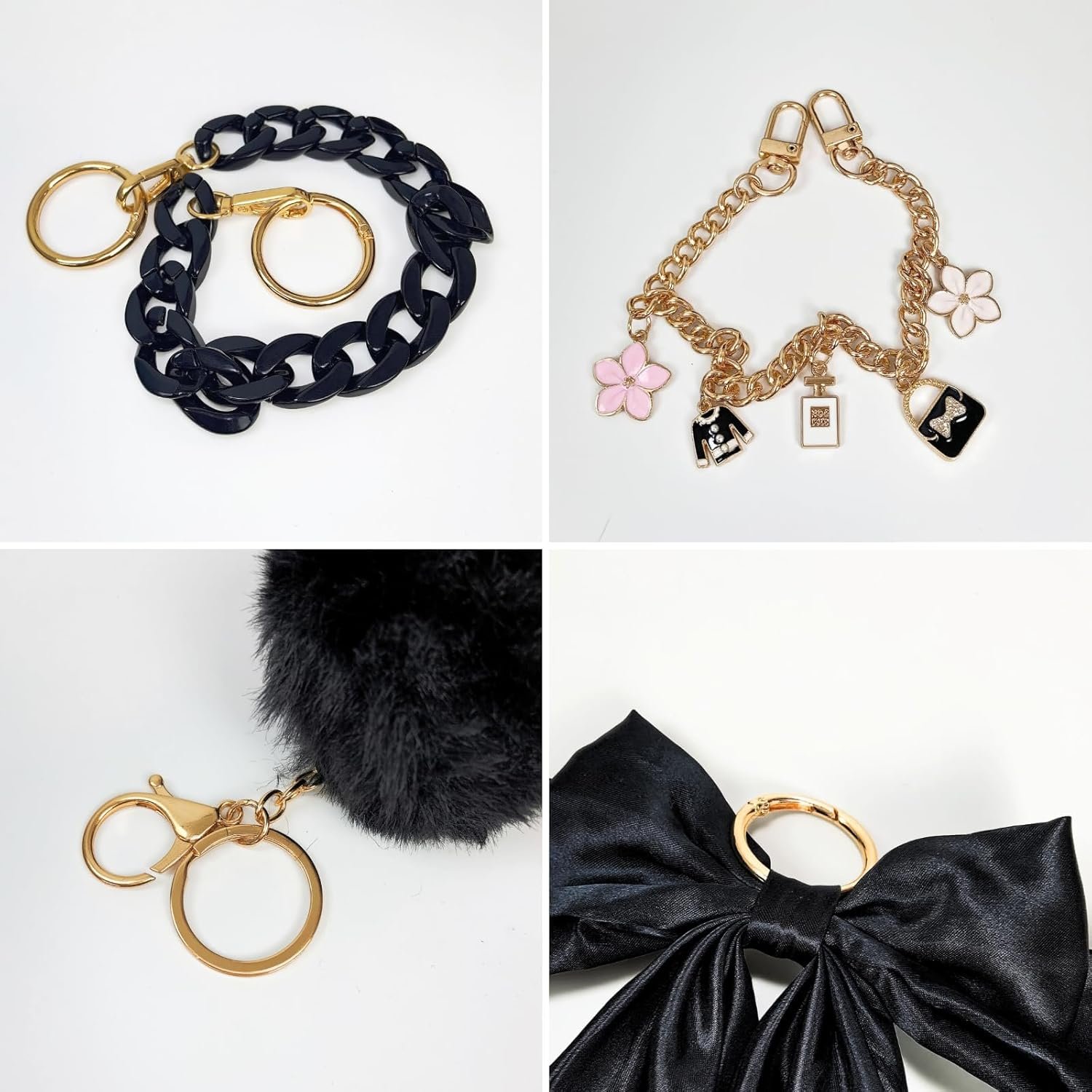 4PCS Tote Bag Decoration Kit Compatible with YETI Camino 20/35/50 Carryall, Compatible with Bogg Beach Tote Bags Accessories, Bow Fluffy Ball Gold Chain Charms Accessories for Girls Women (Black) - Image 5