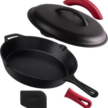 Cuisinel Cast Iron Skillet with Lid - 12"-inch Pre-Seasoned Covered Frying Pan Set + Silicone Handle & Lid Holders + Scraper/Cleaner - Indoor/Outdoor, Oven, Stovetop, Camping Fire, Grill Safe Cookware