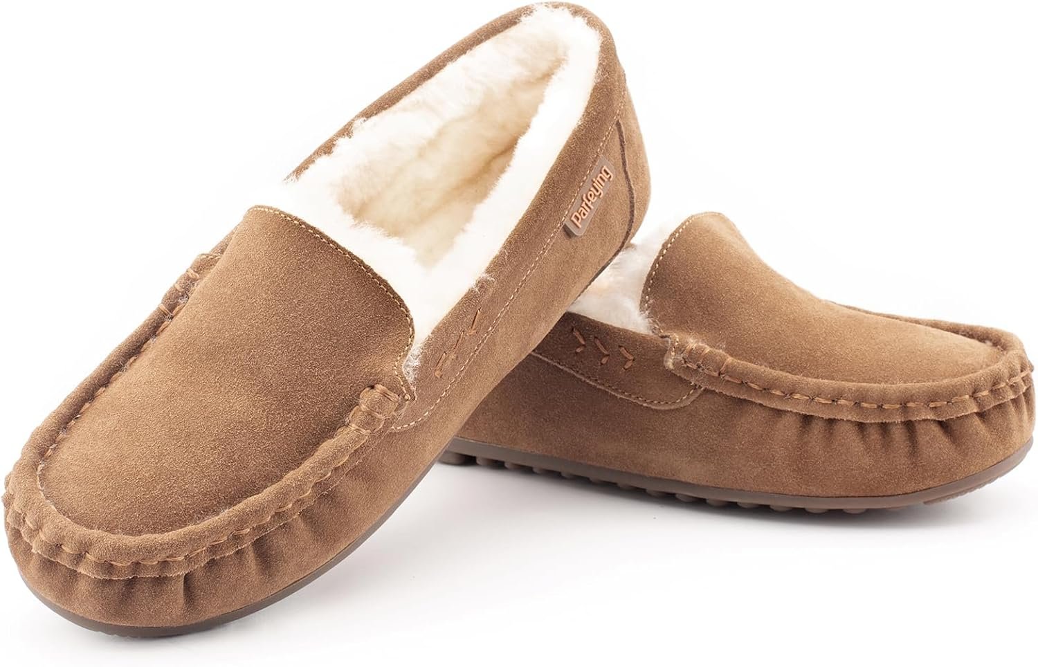 Parfeying Women's Sheepskin Moccasin Slippers Cow Suede Memory Foam Driving Style Loafers
