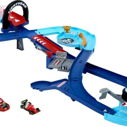 Mattel Disney and Pixar Cars Playset with 2 Toy Cars, Lightning McQueen & Francesco Bernoulli, GRC Jumping Raceway Track Set with Kid-Powered Booster