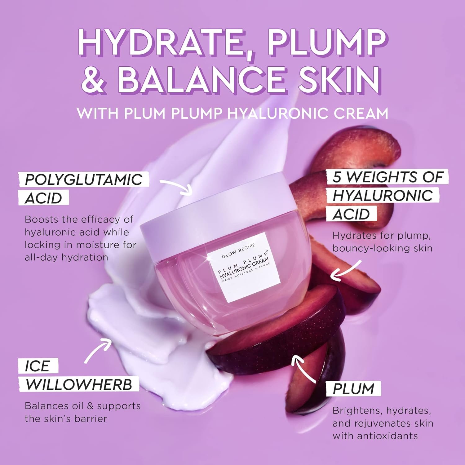 Glow Recipe Plum Plump Hyaluronic Acid Face Cream - Hydrating, Firming & Plumping Facial Moisturizer for Women & Men - Korean Skin Care with Polyglutamic Peptides to Reduce Dry Skin Wrinkles (50ml) - Image 3