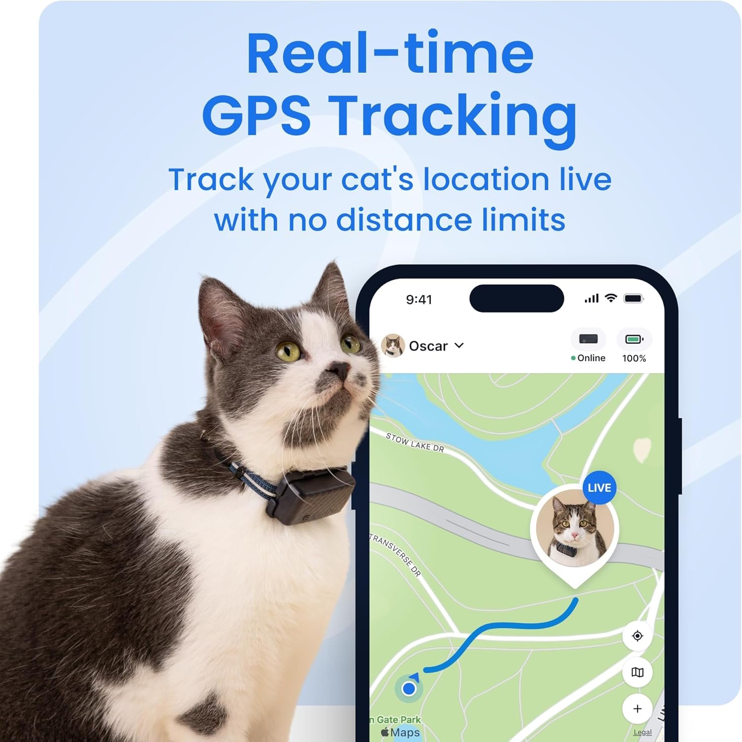 Tractive Smart Cat GPS Tracker | Real-Time Location & Wellness Monitoring for Cats 6.5 lbs+ | Territory & Location History | Up to 5-Day Battery | Breakaway Collar Included (Dark Blue) - Image 2