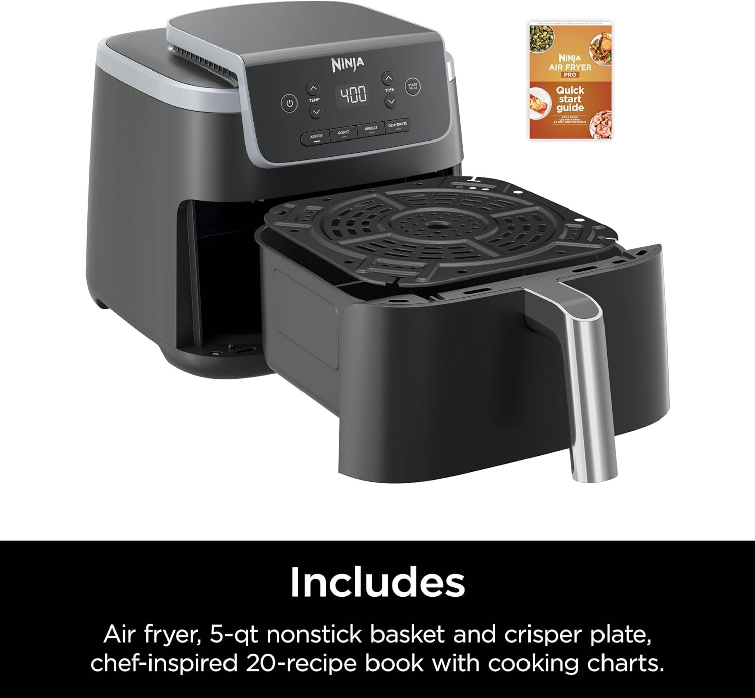 Ninja | Air Fryer | 4-in-1 Pro Air Fry, Roast, Reheat, Dehydrate | 5QT Capacity fits up to 4lbs of French Fries | 400F Max Temp | Nonstick Basket & Crisper Plate | 120V | Grey | AF141 - Image 9