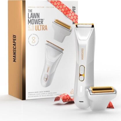 MANSCAPED® The Lawn Mower® 5.0 Ultra Men's & Women's Groin & Body Hair Trimmer – Dual-Head SkinSafe® Trimmer & Foil Blades, Waterproof Wet/Dry Groomer, USB-C Rechargeable with Travel Case, White
