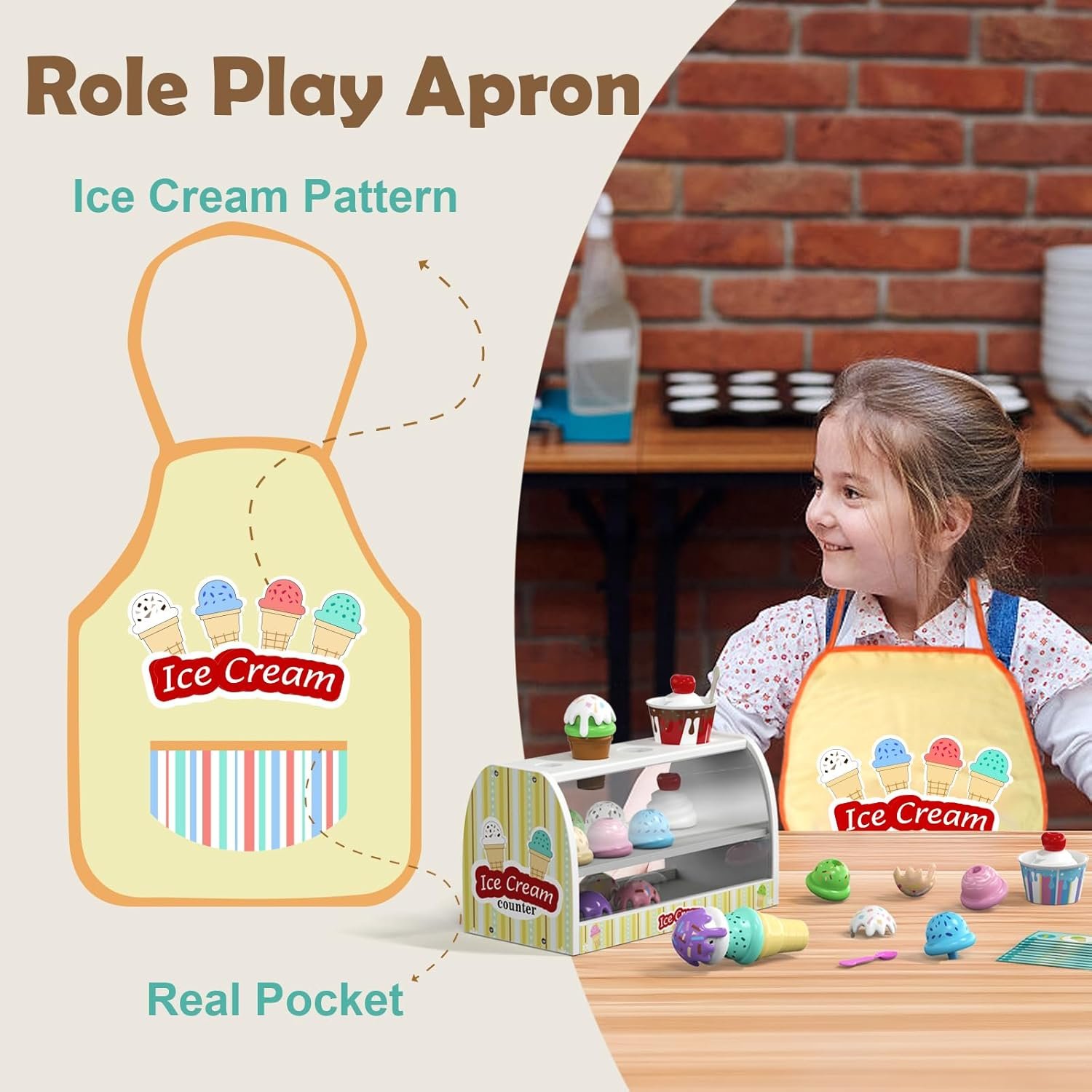 Ice Cream Toy for Kids - Toys for 3 4 Year Old Girls, Wooden Ice Cream Counter Shop Pretend Play Food with Apron, Scoop, Menu, Fake Money, Gifts for Boys Girls Toddlers Ages 3 4 5 - Image 4