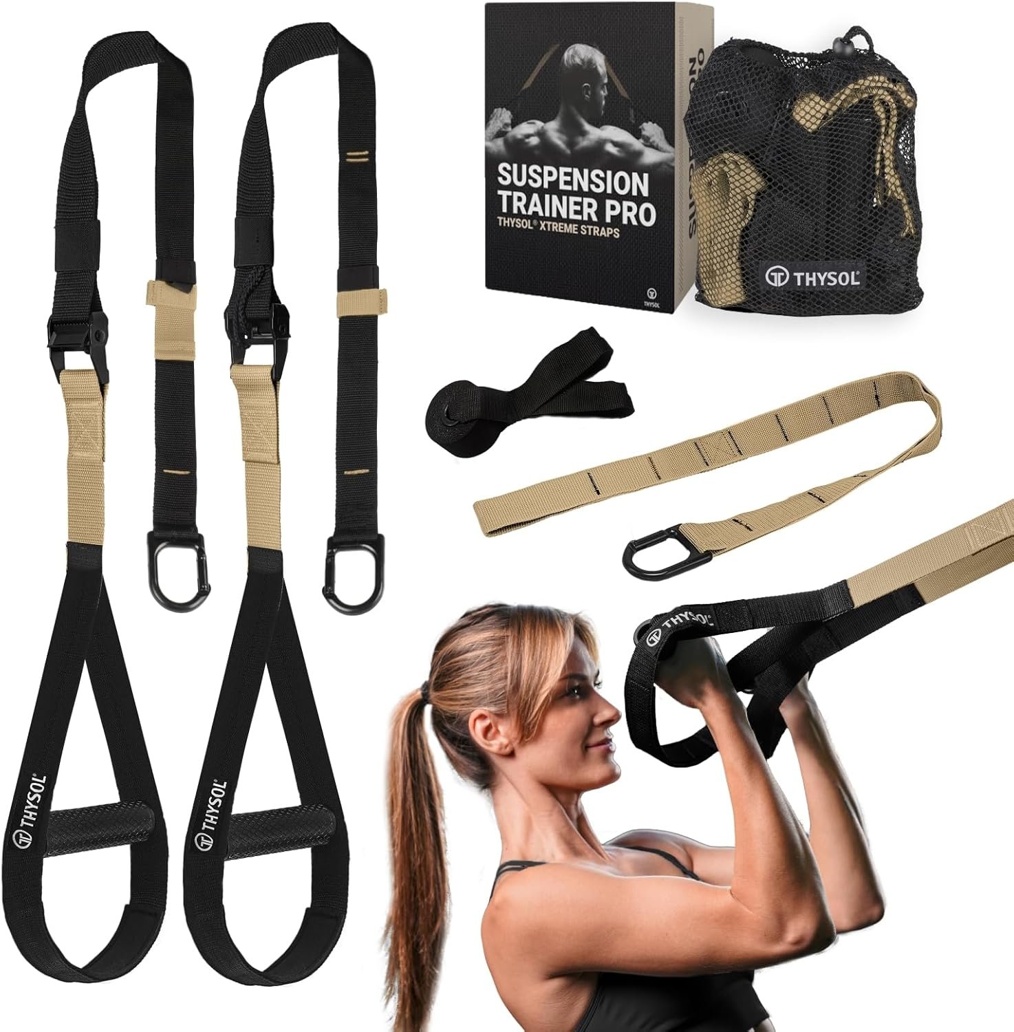 THYSOL® Resistance Trainer Pro Xtreme Straps Army | Sling Trainer Set with Adjustable Door Anchor | Fitness Home Workouts - Suitable for Travelling & for Training Indoor & Outdoor