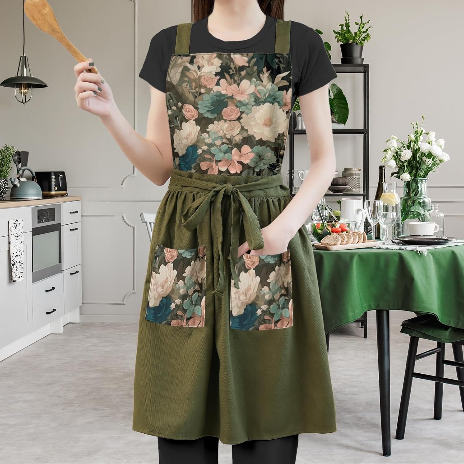 Vintage Cute Apron Dress for Women with Pockets,Cross Back Pinafore Aprons for Cooking,Baking,Kitchen,Gardening - Image 5
