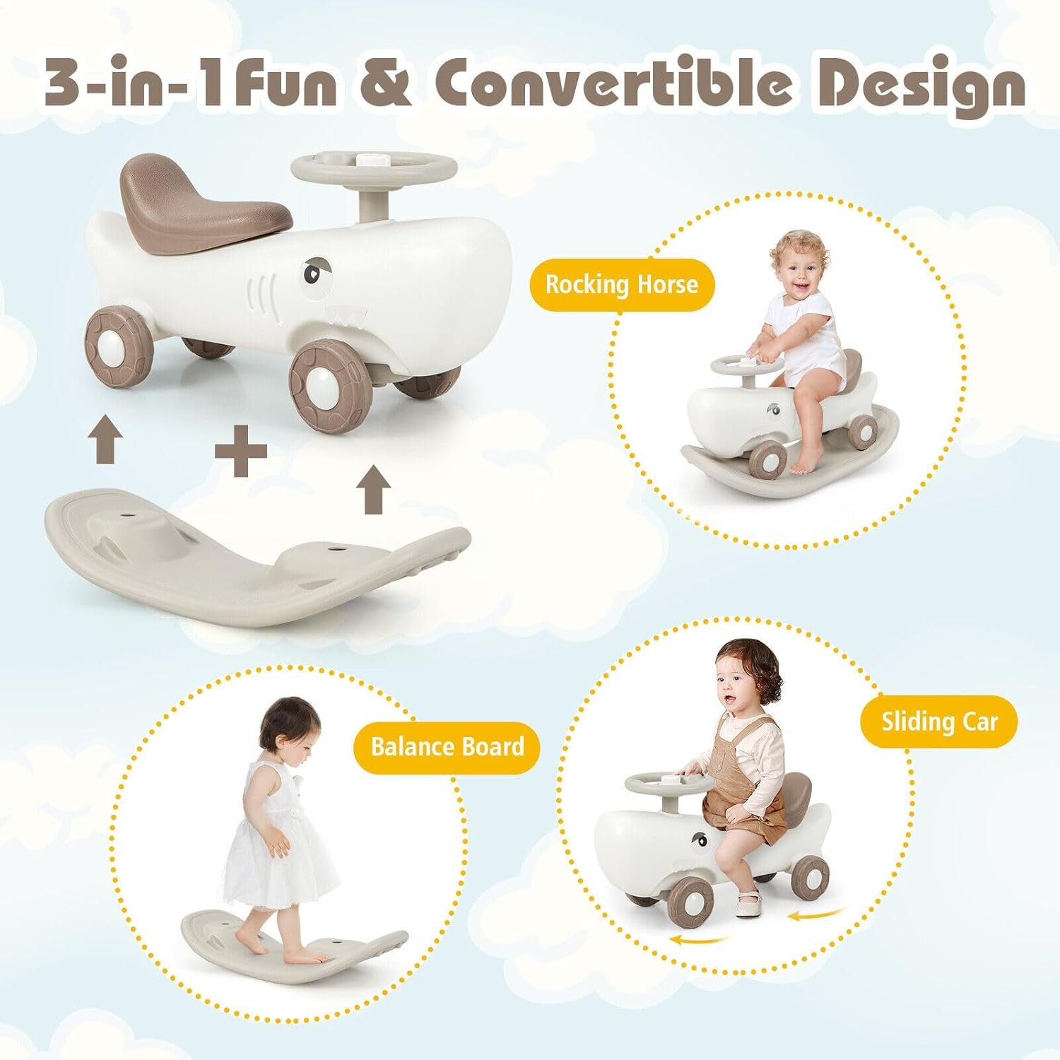 BABY JOY 3 in 1 Rocking Horse, Ride On Push Car for Toddlers w/Detachable Balance Board, Smooth Wheels & Anti-Slip EVA Strips, Shark Rocking Sliding Toy Set for Boys Girls Indoor Outdoor Play (White) - Image 2