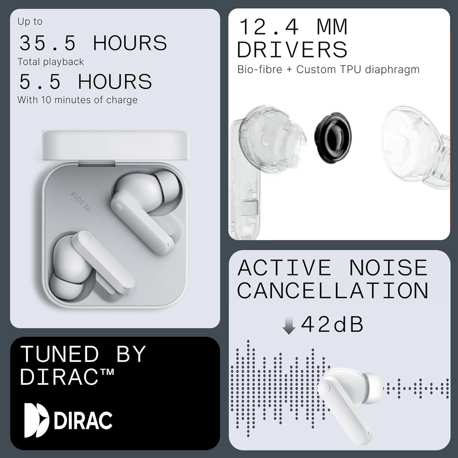 CMF Buds 2a Wireless Earbuds 2025 New Active Noise Cancelling 42dB Hybrid ANC Bluetooth Headphones, 12.4mm Dynamic Driver for Big Bass, 4 Mic Clear Call, Sport Ear Buds for iPhone, Android, Light Grey - Image 5