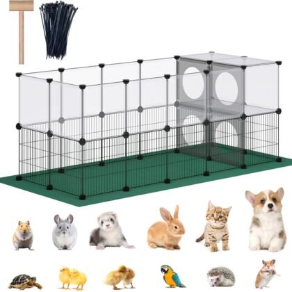 DINMO Small Animal Playpen with Oxford Mat, 24 inches Height, Pet Exercise Fence, Home Protector, Iron Mesh and Plastic Combination, Visualization, DIY, Games Hole Series, 60.2 x 24.8 x 24.8inch