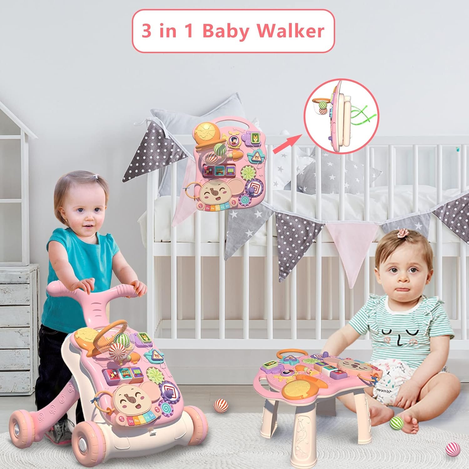 QDRAGON 3 in 1 Baby Walker and Activity Center for Girl, Learning to Walk, Sit to Stand, Early Educational Push Toys with Music Panel for Infant Toddler 12+ Months Pink - Image 2