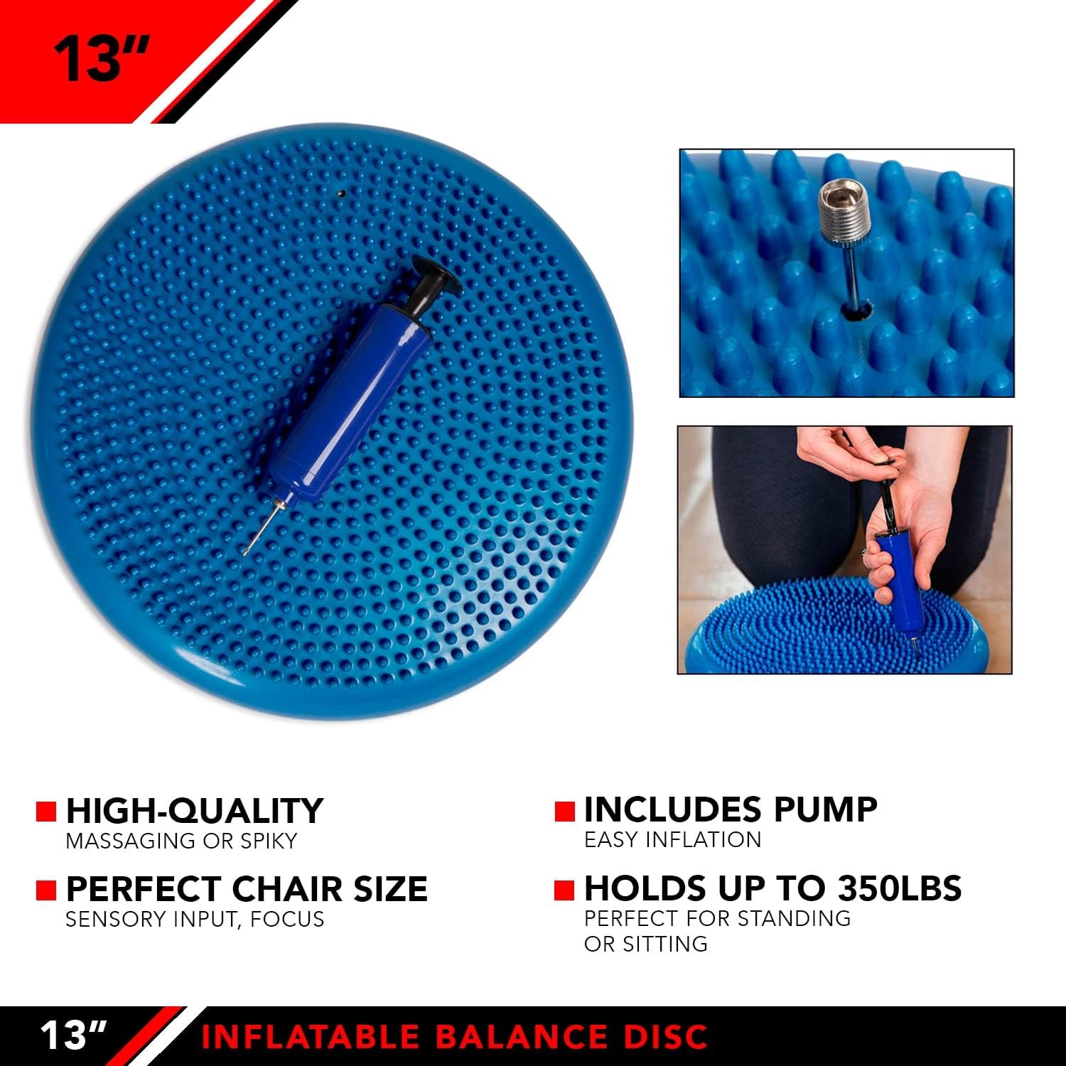 JFIT Inflatable Balance and Stability Disc - Large Yoga Wobble Cushion Trainer with Pump - Core Fitness and Workout Equipment Discs for Home - Office Chair, Ankle Strength Training and Dog or Pet Activity, Blue, 13-Inch - Image 3