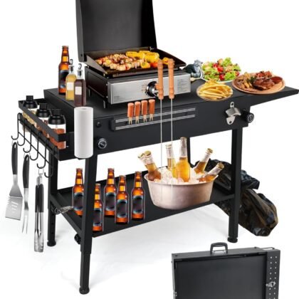 ELITEWILL Griddle Stand With Wheels Portable Outdoor Grill Table Fit for Blackstone 17 Inch Or 22 Inch Griddle Foldable Cart Table Suitable for Travel/Camping and Outdoor Meals