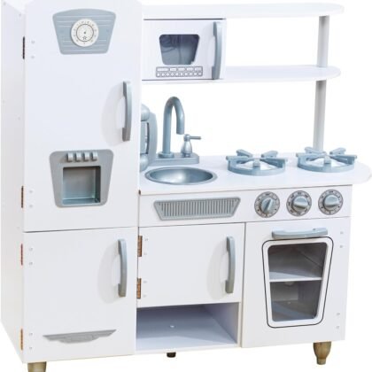KidKraft Vintage Wooden Play Kitchen with Pretend Ice Maker and Play Phone, White